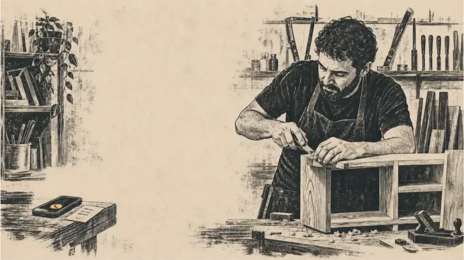 נגר עובד על מדף עץ בסדנה, והטלפון שלו מונח בצד על השולחן